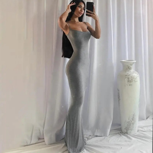 Square Neck Spaghetti Strap Fitted Maxi Dress