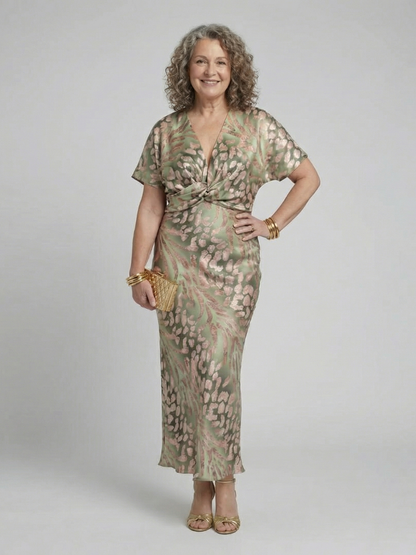 V Neck Short Sleeve Twist Front Patterned Maxi Fitted Dress