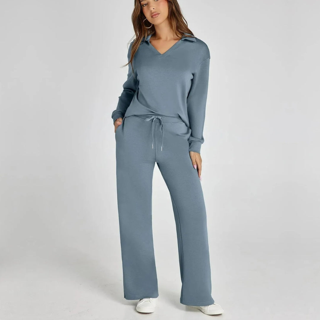 Women's V-Neck Long Sleeve Loungewear Set with Wide Leg Trousers
