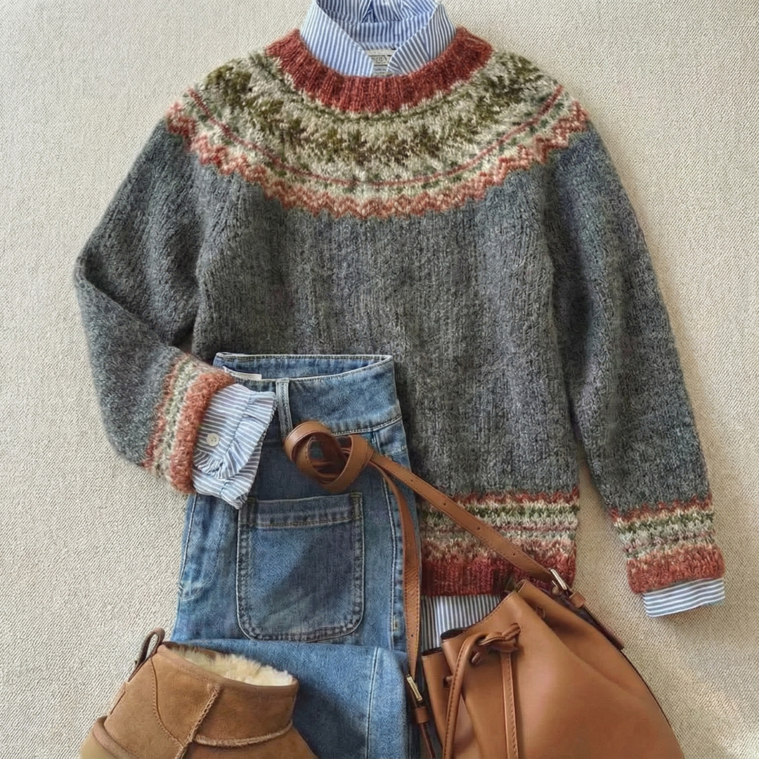 Women's Crew Neck Fair Isle Long Sleeve Chunky Knit Sweater