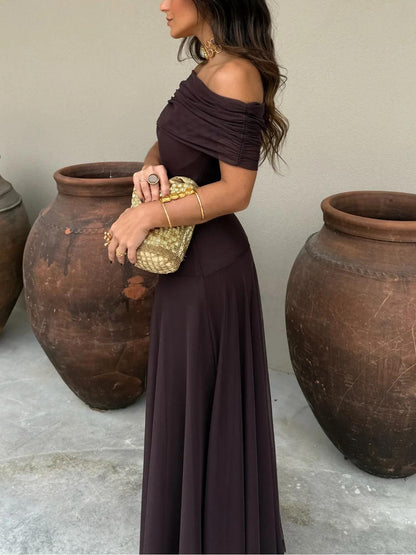 Off Shoulder Ruched Foldover Maxi Dress