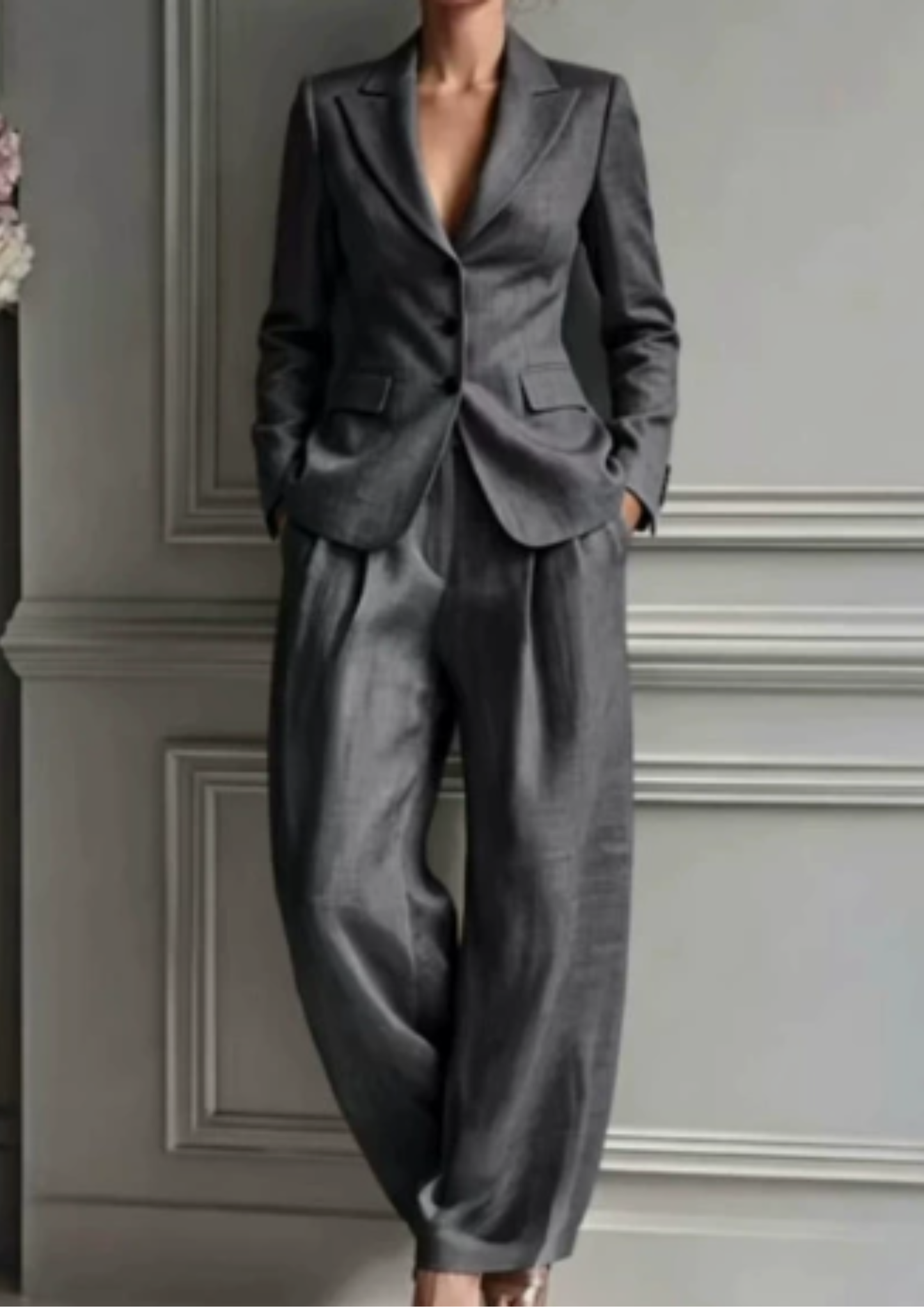 Tailored Collared Fitted Pleated Wide Long Set