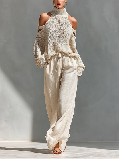 High Neck Cutout Shoulder Knitted Set