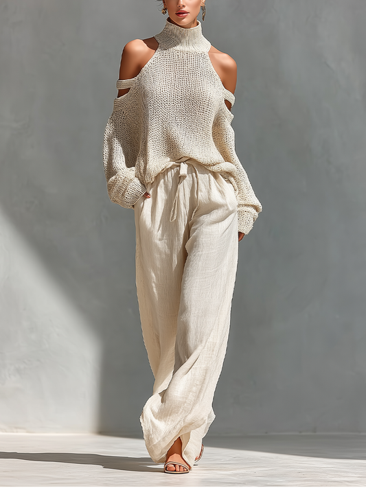 High Neck Cutout Shoulder Knitted Set