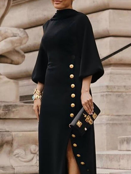 Mock Neck Puff Sleeve Buttoned Slit Dress