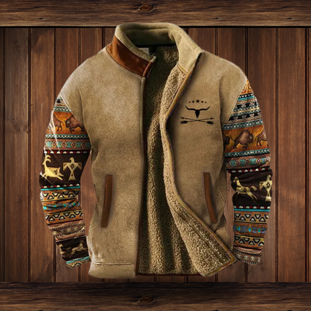 Men's Stand Collar Southwestern Print Sleeve Zip Jacket
