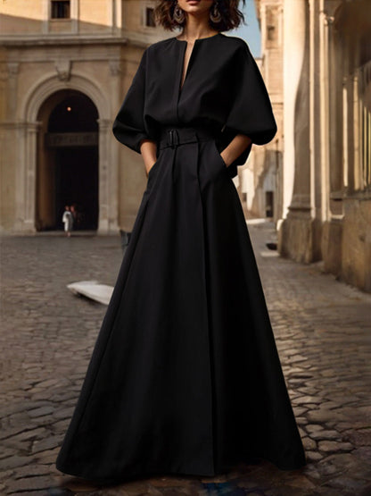 Belted Slit Maxi Paneled Structured Dress