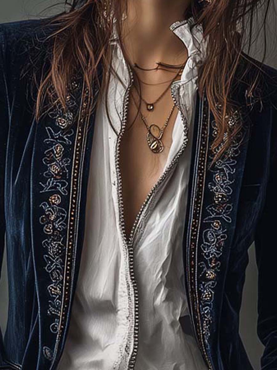 Women's Embroidered Tailored Fit Long Sleeve Blazer Jacket