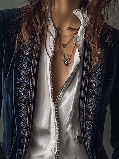 Women's Embroidered Tailored Fit Long Sleeve Blazer Jacket