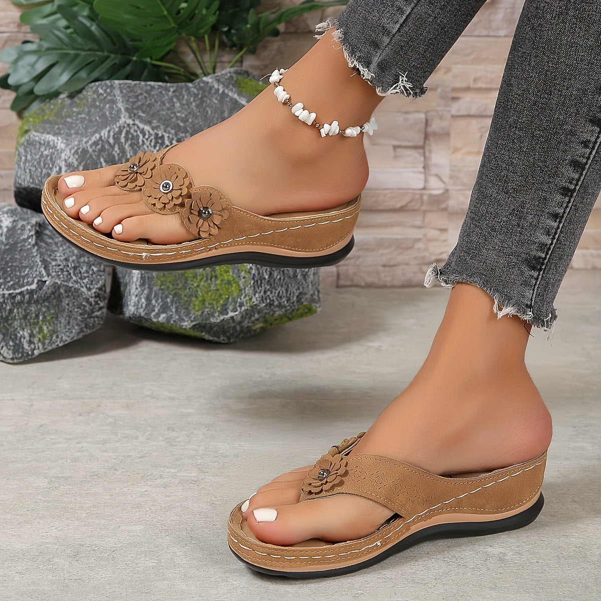 Flower Detail Thong Post Platform Sandals