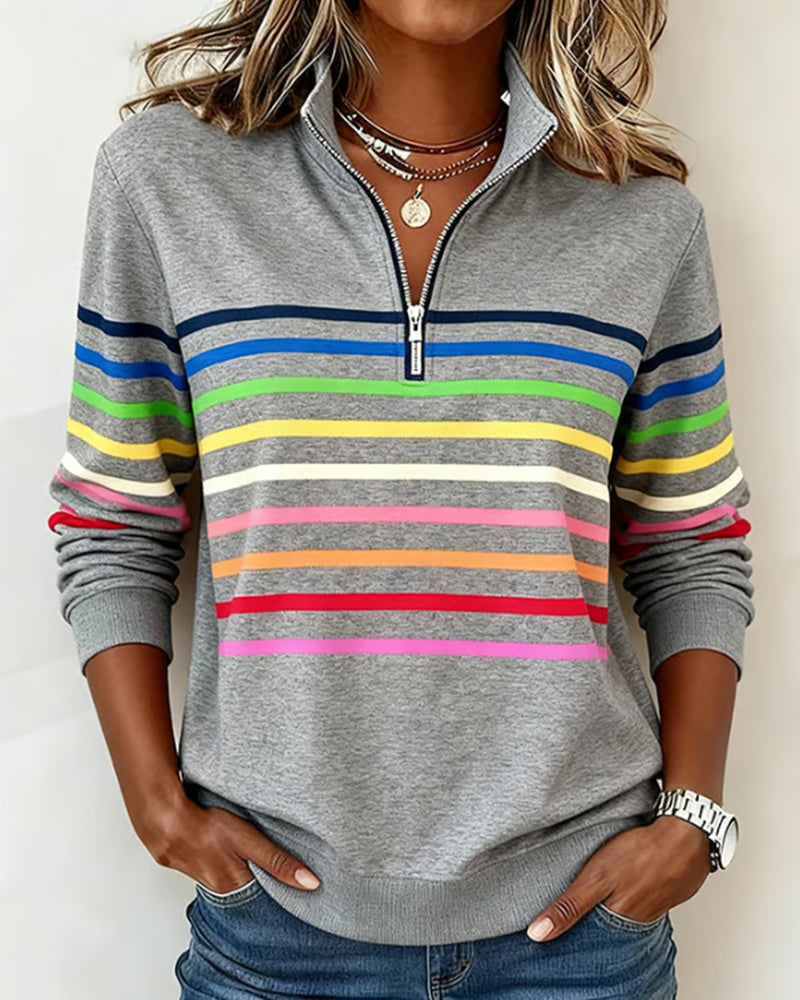 Women's Polo Collar Half Zip Striped Sweatshirt