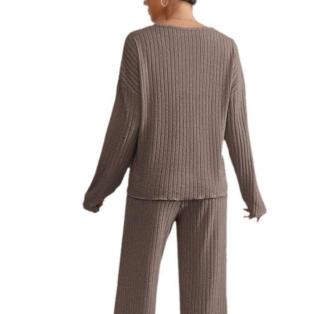 V-Neck Long Sleeve Loungewear Set with Wide Leg Pants