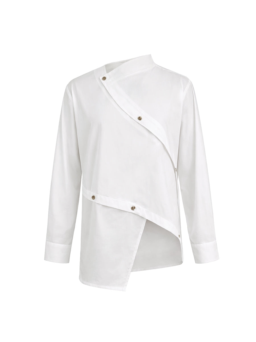 Asymmetric Buttoned Mock Neck Long Sleeve Blouse