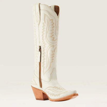 Patterned Zipped Stacked Pointed Tall Boots