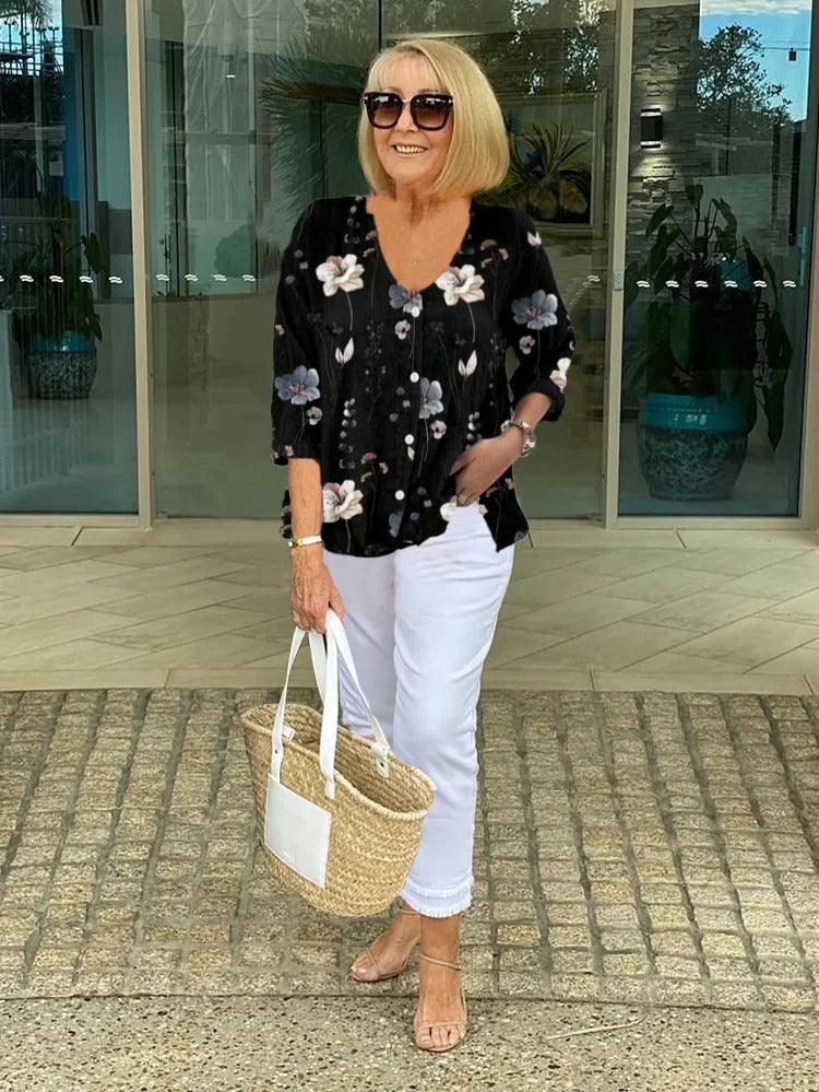 V Neck Floral Patterned Quarter Sleeve Blouse