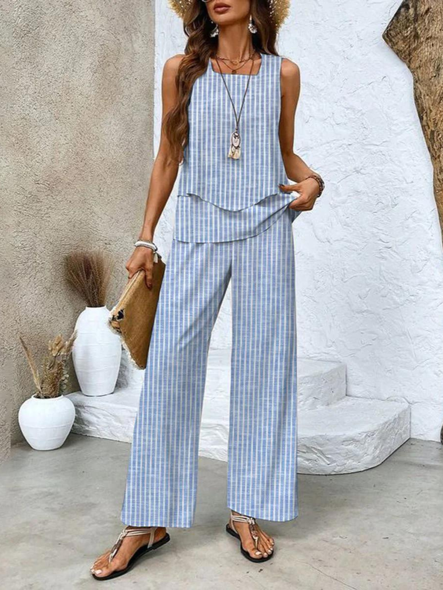 Square Neck Sleeveless Top Layered Wide Leg Trouser Set