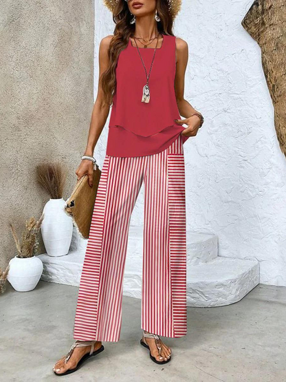 Square Neck Sleeveless Top Layered Wide Leg Trouser Set