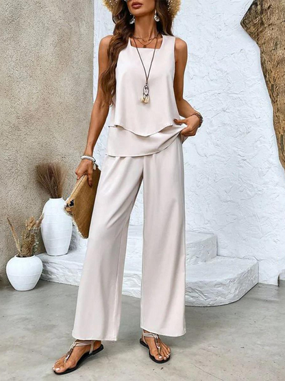 Square Neck Sleeveless Top Layered Wide Leg Trouser Set