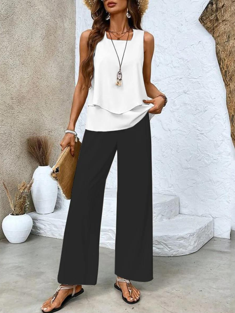 Square Neck Sleeveless Top Layered Wide Leg Trouser Set