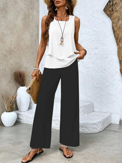 Square Neck Sleeveless Top Layered Wide Leg Trouser Set