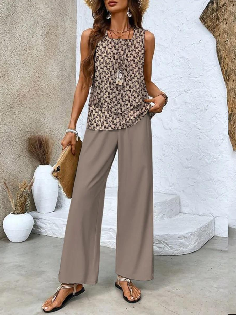Square Neck Sleeveless Top Layered Wide Leg Trouser Set