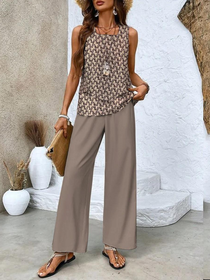 Square Neck Sleeveless Top Layered Wide Leg Trouser Set