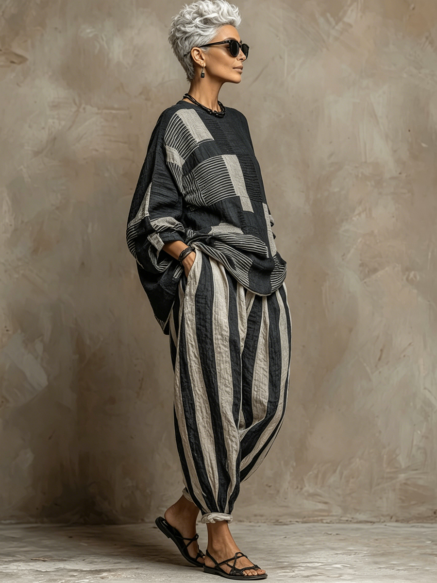 Women's Round Neck Long Sleeve Colour-Block Top and Striped Trouser Set