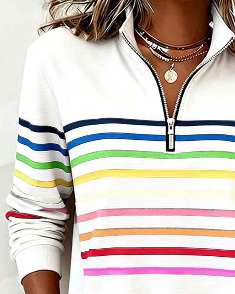 Women's Polo Collar Half Zip Striped Sweatshirt