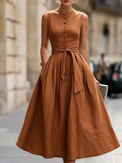 Round Neck Sleeveless Button-Front Belted Midi Dress