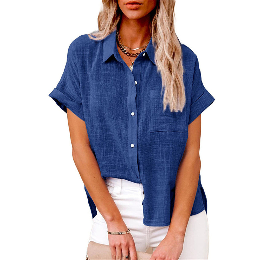 Textured Point Collar Pocket Front Blouse