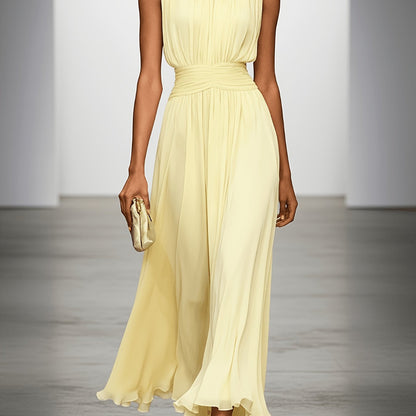 Sleeveless Ruched Waist Pleated Maxi Dress