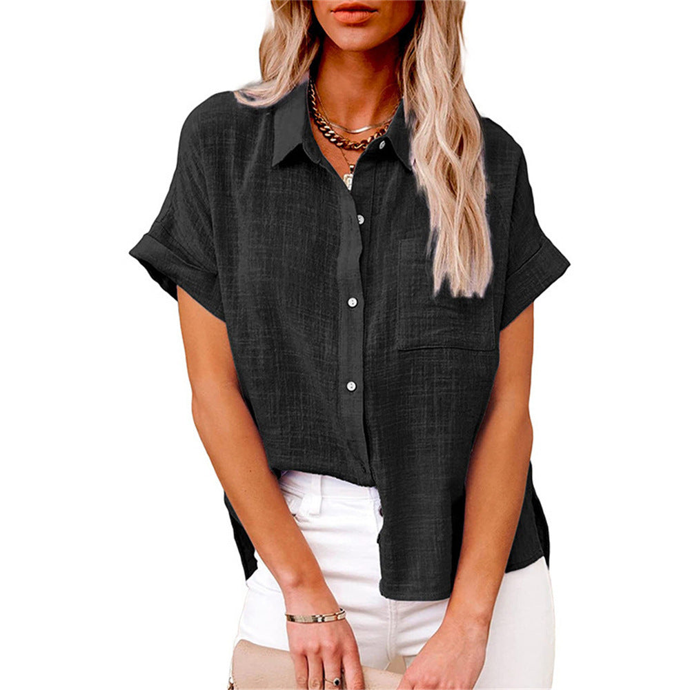 Textured Point Collar Pocket Front Blouse