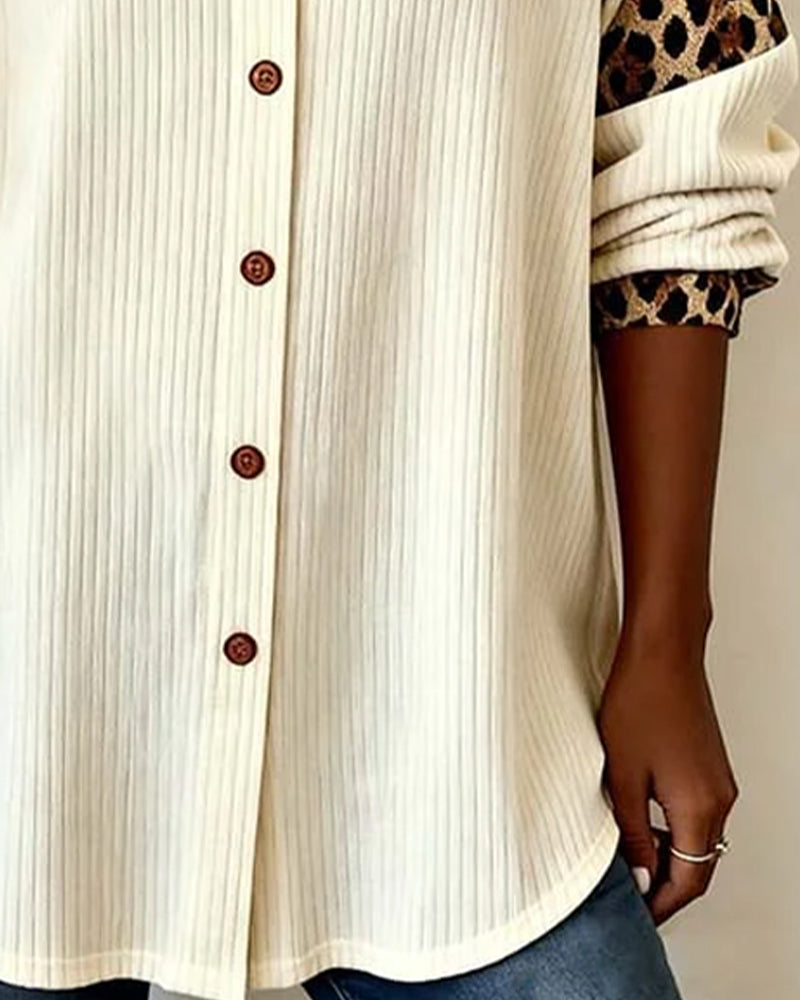 Women's Point Collar Long Sleeve Leopard Print Relaxed Fit Shirt