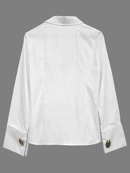 Collared Buttoned Long Cuffed Seamed Blouse