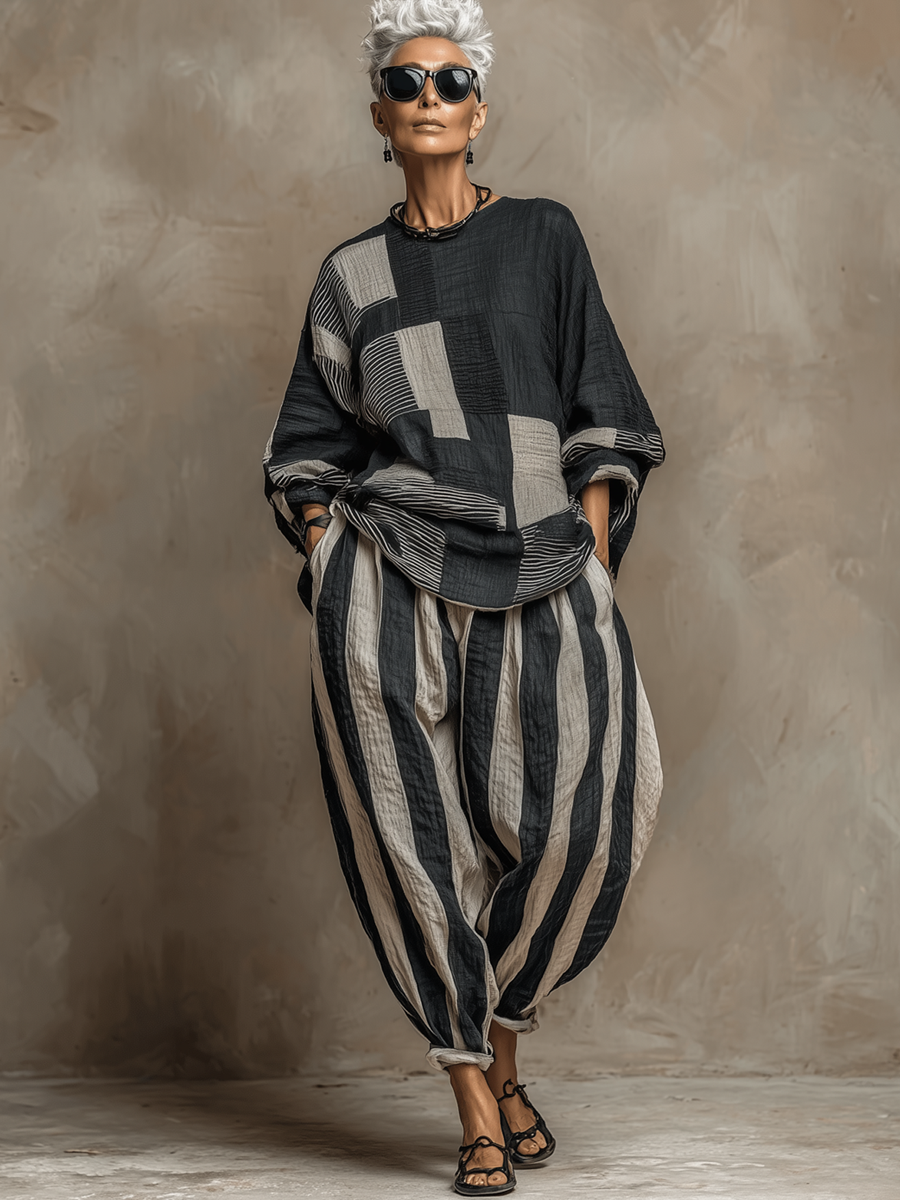 Women's Round Neck Long Sleeve Colour-Block Top and Striped Trouser Set