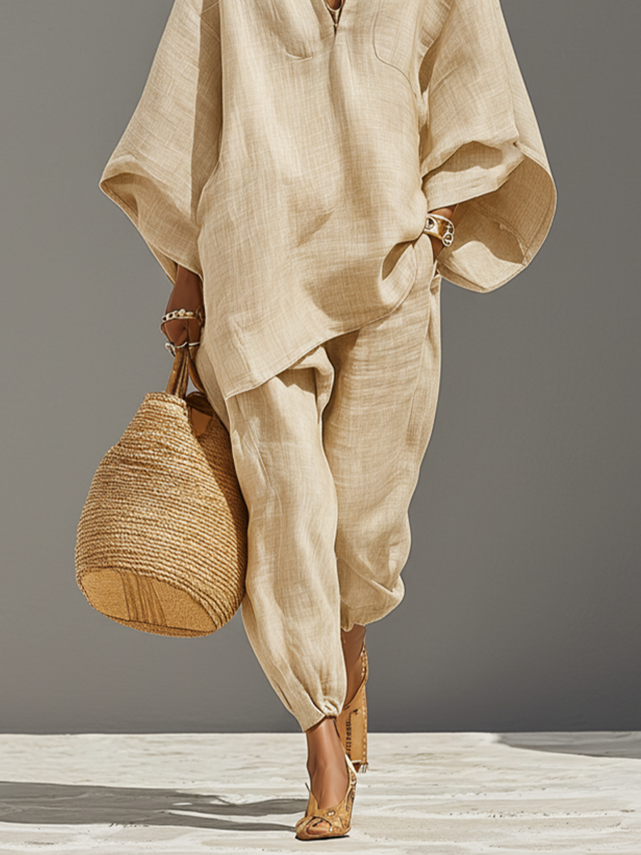 Loose Oversized Notched Wide Tapered Gathered Set