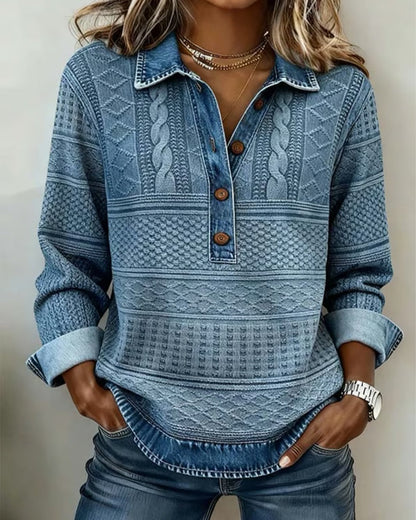 Women's Collar Half Zip Button Placket Textured Sweatshirt