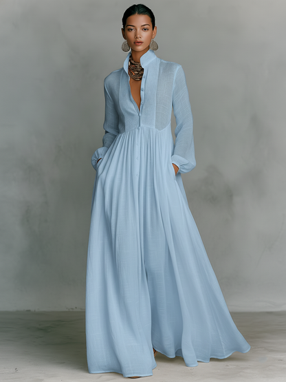 Pleated Pintuck Button Front Maxi Dress