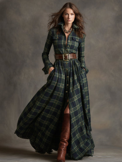 Collared Long Sleeved Plaid Pocketed Maxi Dress