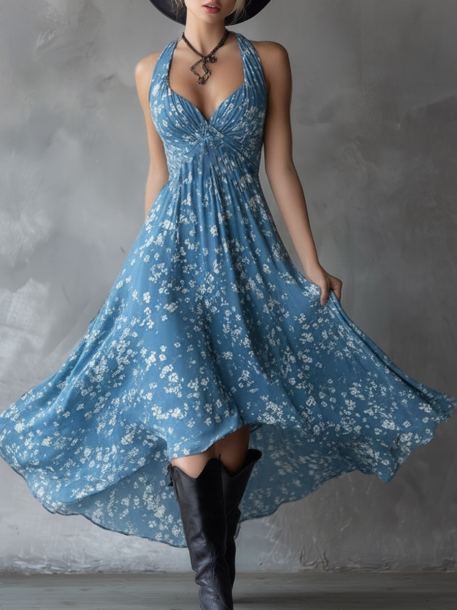 Halter Floral Sleeveless Ruched Fitted Asymmetrical Dress