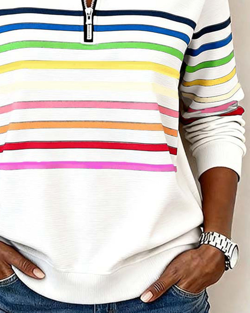 Women's Polo Collar Half Zip Striped Sweatshirt