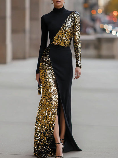 Asymmetric Sequin Mock Neck Slit Dress