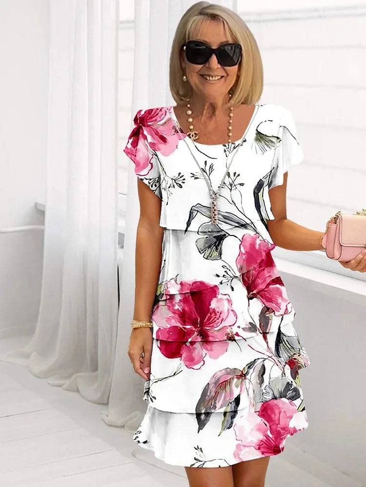 Short Sleeved Floral Tiered Flutter Dress