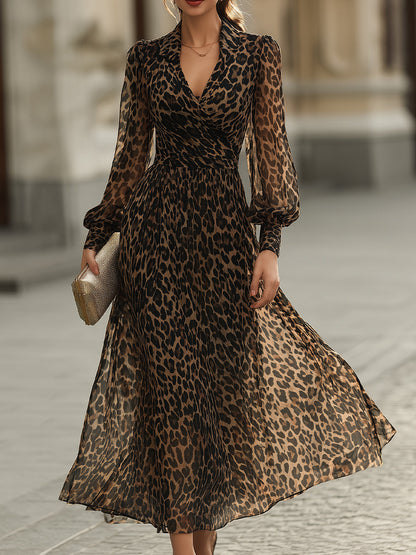 Leopard Print Long Sleeve Sheer Maxi Dress
