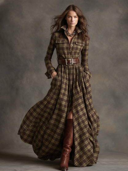 Collared Long Sleeved Plaid Pocketed Maxi Dress