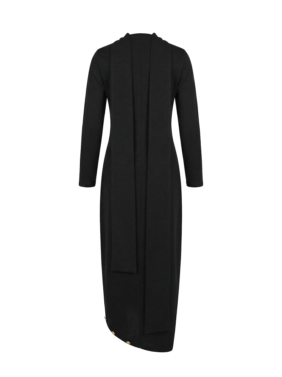 Buttoned Mock Neck Long Sleeve Slit Dress