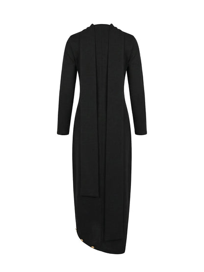 Buttoned Mock Neck Long Sleeve Slit Dress