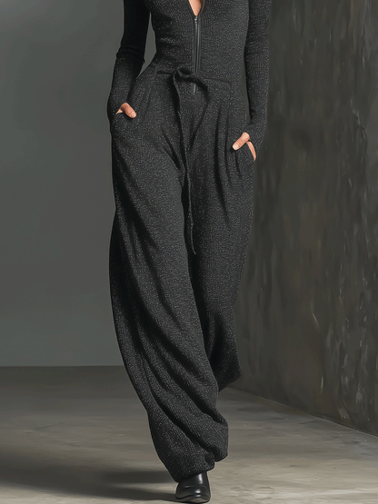 Zippered High Neck Long Sleeve Wide Leg Jumpsuit
