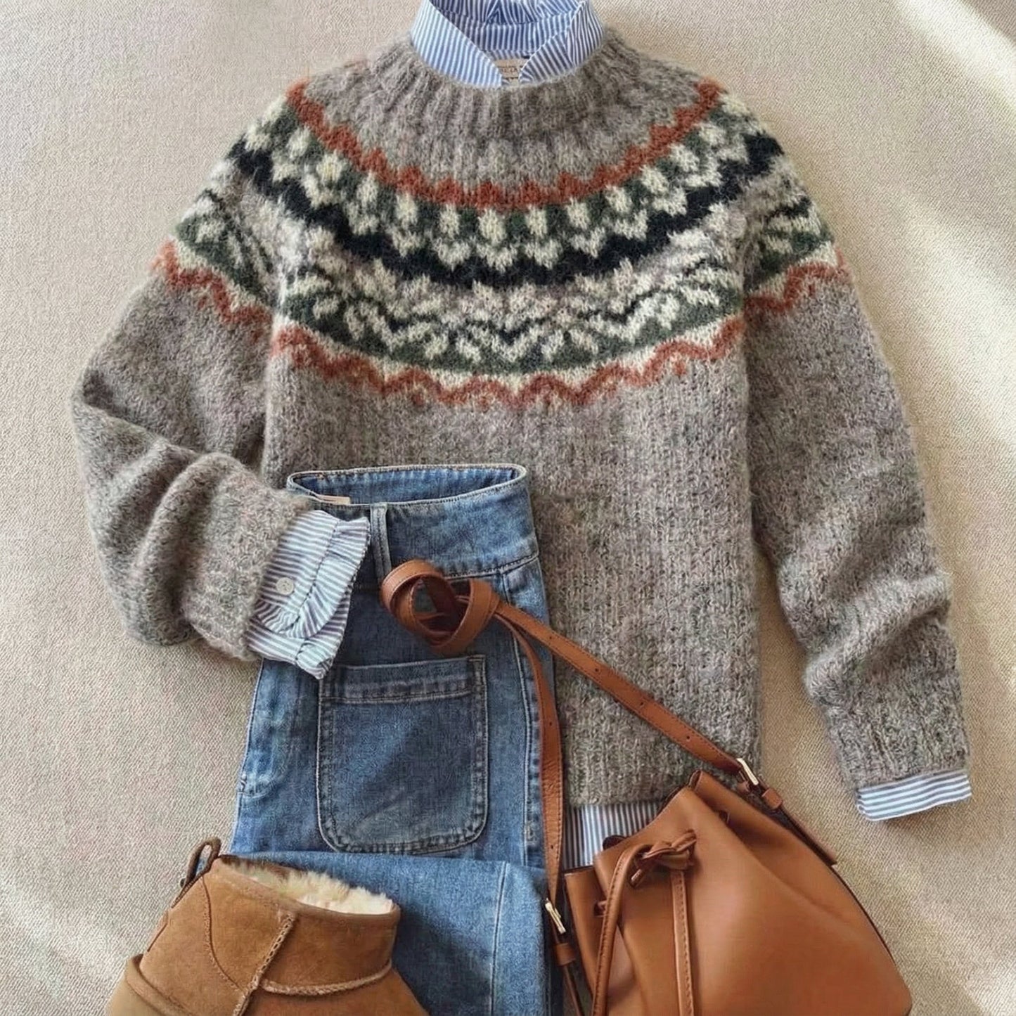 Women's Crew Neck Fair Isle Long Sleeve Chunky Knit Sweater