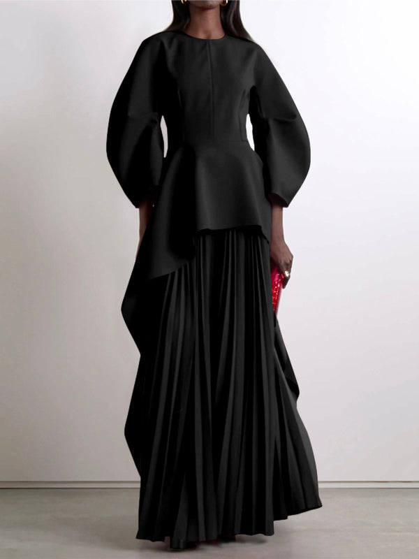 Long Sleeves Loose Pleated Tiered Round-Neck Maxi Dress